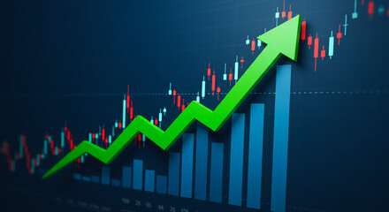 Financial Growth: Upward Trending Green Arrow with Blue Bar Chart and Candlestick Graph