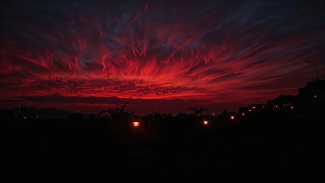 Evening descends with a scarlet sky and dim streetlights.