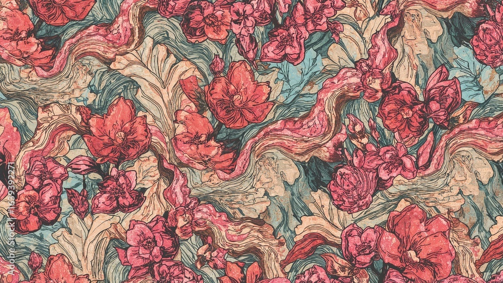 Aufkleber continuous colorful flowery texture with hand-sketched wavy abstract elements