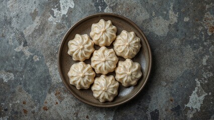 Bird's-eye view of dessert dumplings arranged on a stone slab. A customary treat for festivals such as Lantern Festival, Mid-Autumn, Winter Solstice, and New Year.