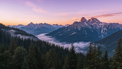 Obraz premium Mountain and forest landscapes bathed in a purple hue