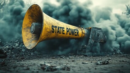 Megaphone with STATE POWER Text Emitting Smoke as Symbol of Political Authority