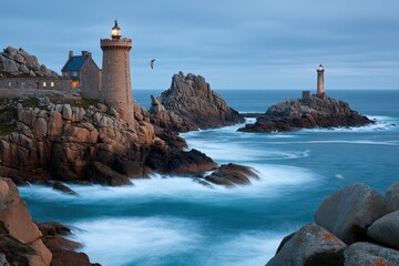 Scenic view of rugged coastal landscape with historical lighthouses at dusk, waves crashing against rocks, serene and dramatic seascape perfect for travel and nature enthusiasts