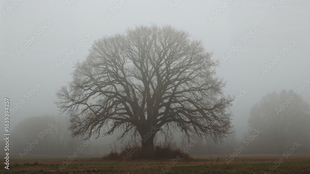 Poster misty weather creating a shadowy tree in a magical autumn environment
