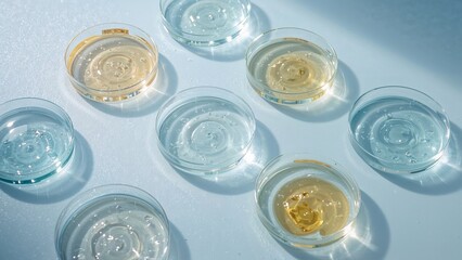 Cosmetic study with serum samples in petri dishes on pastel blue surface