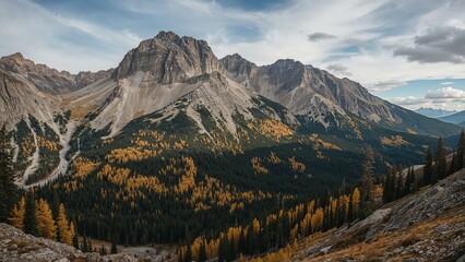 Fototapeta premium Golden larches in full autumn splendor brighten a challenging mountain path, offering spectacular views in fall.