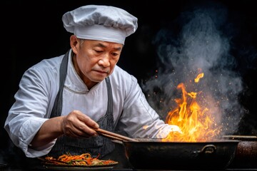 Professional chef cooking with fire in a wok