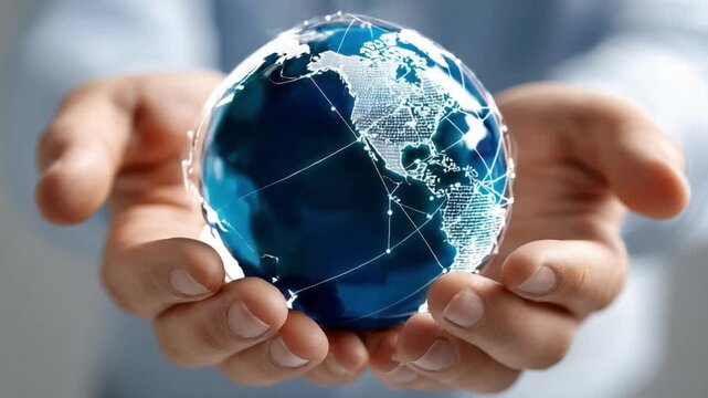 Global Connectivity: A pair of hands cradles a vibrant, luminous globe, symbolizing the interconnectedness of our world, with networks of light interwoven across the landmasses.