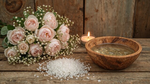 Relaxing spa setting with blossoms and sea salt on a wooden surface