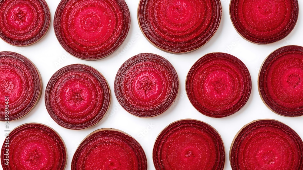 Aufkleber top view of isolated beetroot slices on a white backdrop featuring clipping path, flat lay compositi