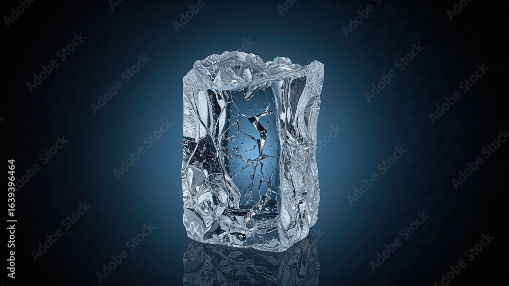 Poster elongated ice structure with a broken top displayed on a dark blue surface with a cut path.