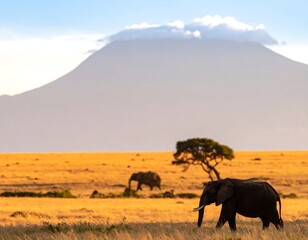 Fototapeta premium African elephant in golden savanna, mountain backdrop
