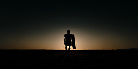 Roman Centurion Silhouette Full Body View Ancient Warrior Standing Proud Historical Military Figure Battle Ready Armor Helmet Gladius Shield