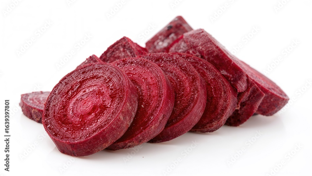 Poster detailed close-up of cut beet pieces and sticks isolated on background with clipping path