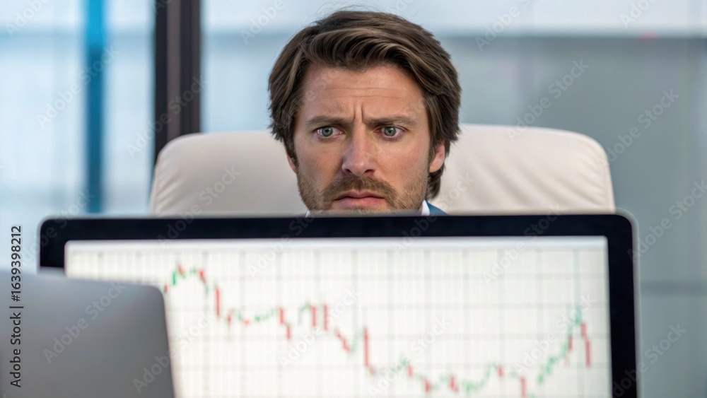 Poster a focused man analyzes financial data on a computer screen, showcasing a serious expression while se