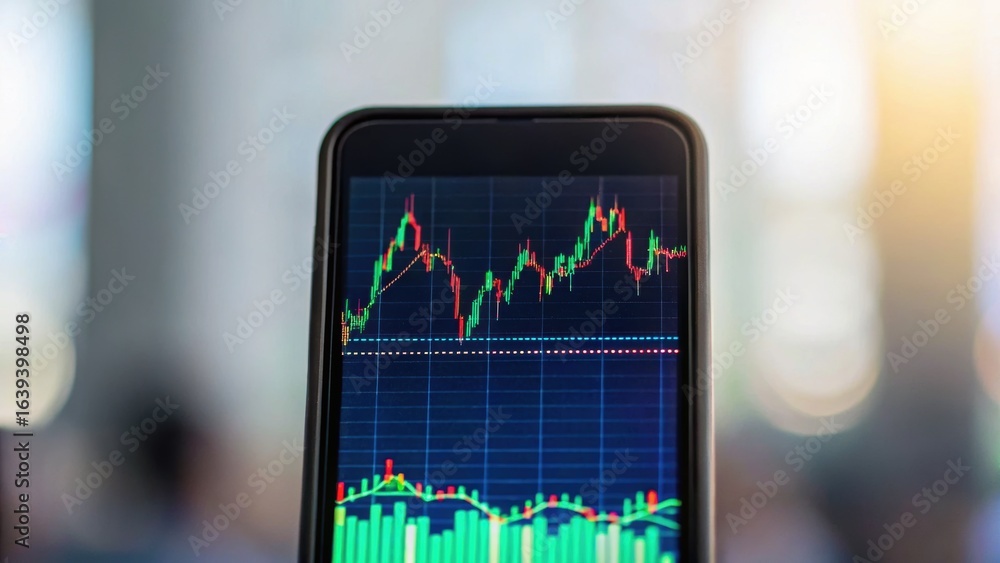 Poster mobile device displays a financial chart with green and red indicators, symbolizing market trends an