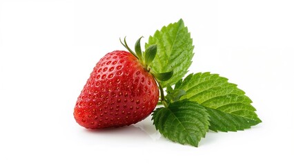 Single strawberry accompanied by leaves against a white background