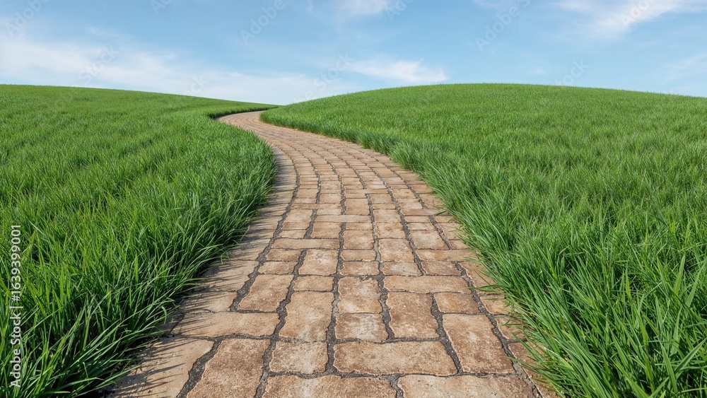 Poster continuous pattern of cobblestone pathway amid lush greenery