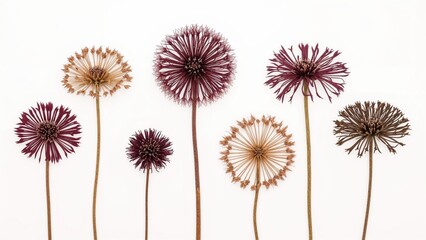 Obraz premium Six preserved flowers displayed against a plain white surface