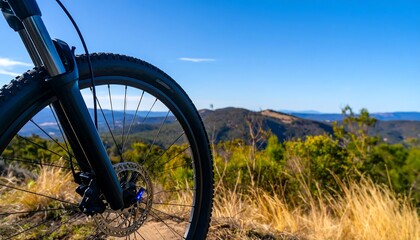 Mountain bike positioned on a scenic overlook.