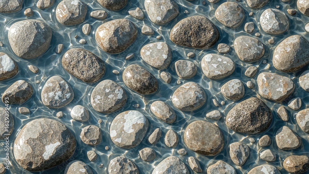 Poster Close-up of textured river rocks highlighting abstract patterns and natural light