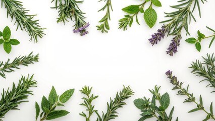Assortment of fresh herbs including rosemary, mint, lavender, sage, and thyme arranged creatively on a flat surface. Herbal bundle with a botanical theme for wellness and nutrition.