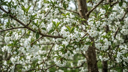 Fototapeta premium Springtime abstract backdrop featuring white blossoms on a tree branch