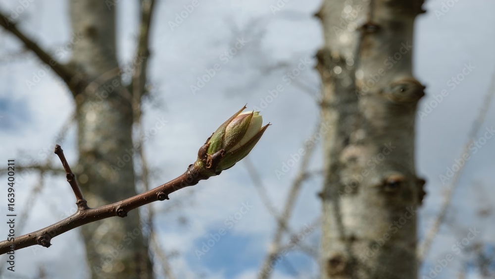 Poster single apical bud on a chestnut twig during springtime, shown in detail with blurred trees and an ov