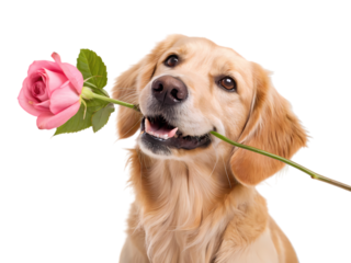 Golden Retriever Holding a Pink Rose on transparent background
