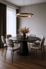 Modern Dining Room with Round Table, Upholstered Chairs, and Contemporary Circular Chandelier