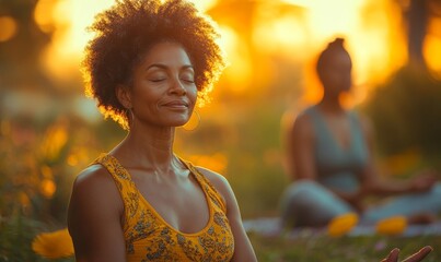 Senior black female friends meditating and practicing yoga outdoors at golden hour during sunset. Focus on wellness and mental health in nature, Generative AI