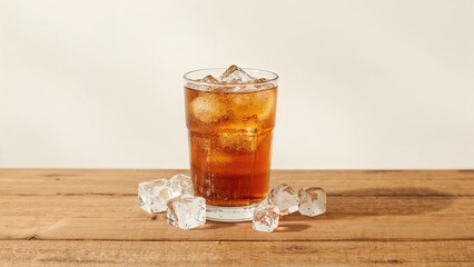 Glass of sweet iced tea resting on wooden planks