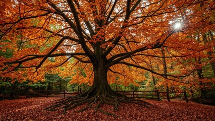 Fototapeta premium Deep within a fall woodland, a towering old tree clings to the soil with sprawling roots. Its blazing foliage murmurs tales carried by the breeze as a rustic fence protects its grandeur.