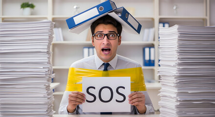 Overwhelmed businessman SOS help needed office stress deadline pressure paperwork chaos emergency rescue help urgent need assistance business crisis overwhelmed employee