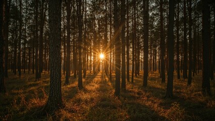 Fototapeta premium Sunset's glowing rays illuminate the forest canopy, evoking calm and natural beauty.