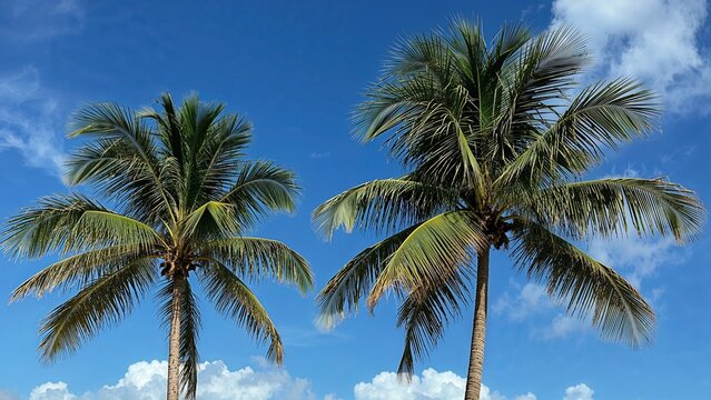 Duo of royal palms reaching up to a serene blue sky in an island environment.
