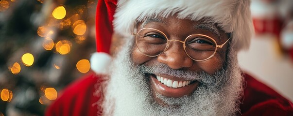 Candid portrait of a happy black African American Santa Claus next to a Christmas tree, celebrating the holiday spirit, Generative AI