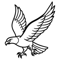 Stylized outline drawing of a falcon in flight with wings spread, isolated on white background