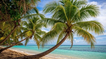 Obraz premium Beautiful shoreline with lush palm trees and transparent ocean