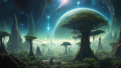 Alien forest planet landscape