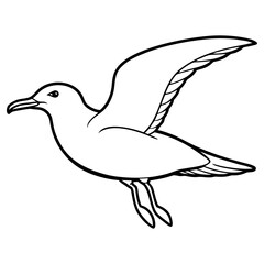 Line art drawing of a seagull flying with its wings open, isolated on white background