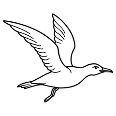 Line art drawing of a seagull flying with its wings open, isolated on white background