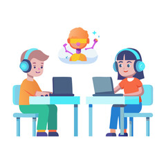 Two children learning with laptops and headphones isolated on white background