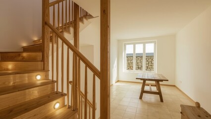 Upper-level dwelling with glowing lights beside columns, blending stone walls and wood elements