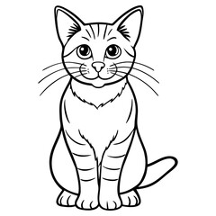 Cute striped cat sitting, simple line art illustration isolated on white background