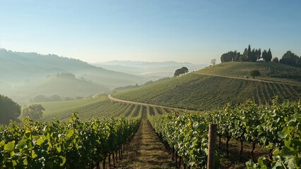 Naklejka premium Early Morning Fog Enveloping Rolling Hills With Vineyards Along A Scenic Road