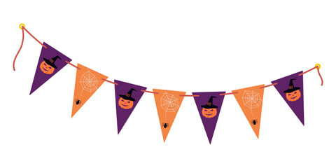 Obraz premium Halloween Holiday Festive bunting on rope with Pumpkin and cobweb in trendy purple and orange Design