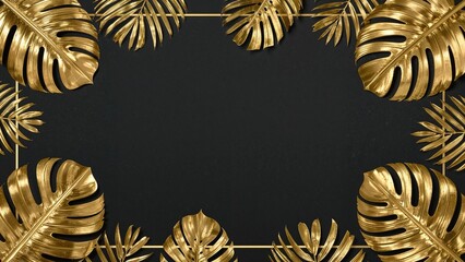Luxurious flatlay featuring glossy golden tropical leaves such as palm and monstera set on a black paper surface with ample copy space. Stylish border design.