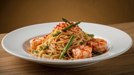 Vintage-style spaghetti featuring prawns, asparagus, and hot chili flakes
