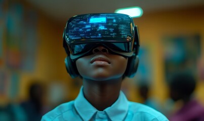 African school student with VR headset using AI technology and machine learning. Engaging with interactive classroom technology, emphasizing innovation and smart tech with AI blue, Generative AI